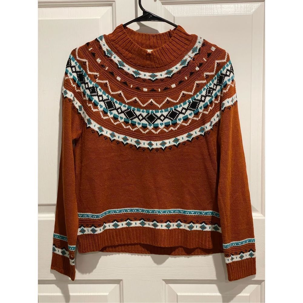 Telluride Clothing Company Fair Isle Knitted Mock Camel Colored Sweater Size M